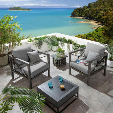Quatropi Set of 2 Modern Outdoor Garden Armchairs Wood Effect Aluminium Grey