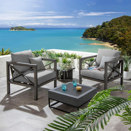 2 Arlo Armchairs Wood Effect Aluminium Set Smoke Grey