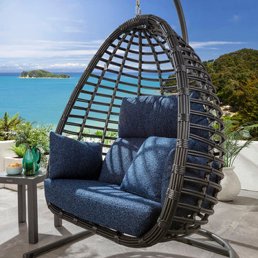 Quatropi Set of 2 Modern Outdoor Hanging Egg Chairs Garden Swing Chairs Blue Black