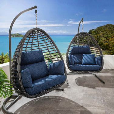 Quatropi Set of 2 Modern Outdoor Hanging Egg Chairs Garden Swing Chairs Blue Black