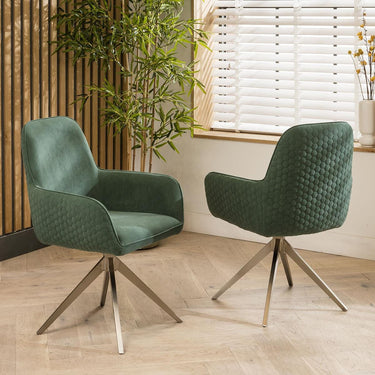 Quatropi Set of 2 Modern Swivel Carver Dining Chairs with Arms Green Velvet