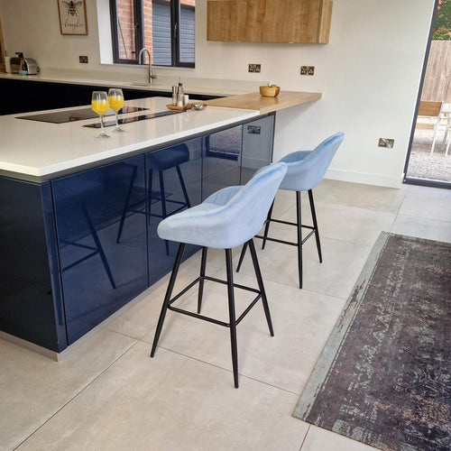 Set of 2 Modern Velvet Bar Stools - Blue Fabric & Metal Black Leg Kitchen Bar Stool