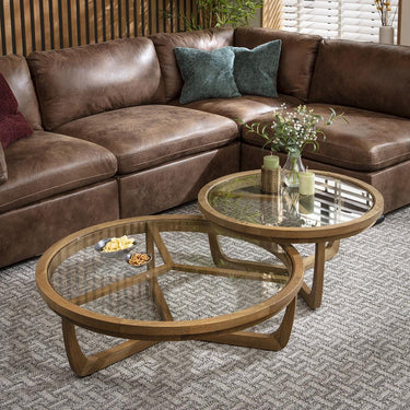 Quatropi Set of 2 Modern Wooden Large Round Coffee Tables Natural Oak Glass 100cm & 80cm