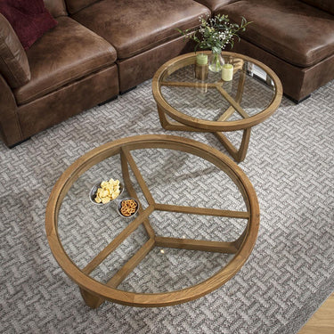 Quatropi Set of 2 Modern Wooden Large Round Coffee Tables Natural Oak Glass 100cm & 80cm
