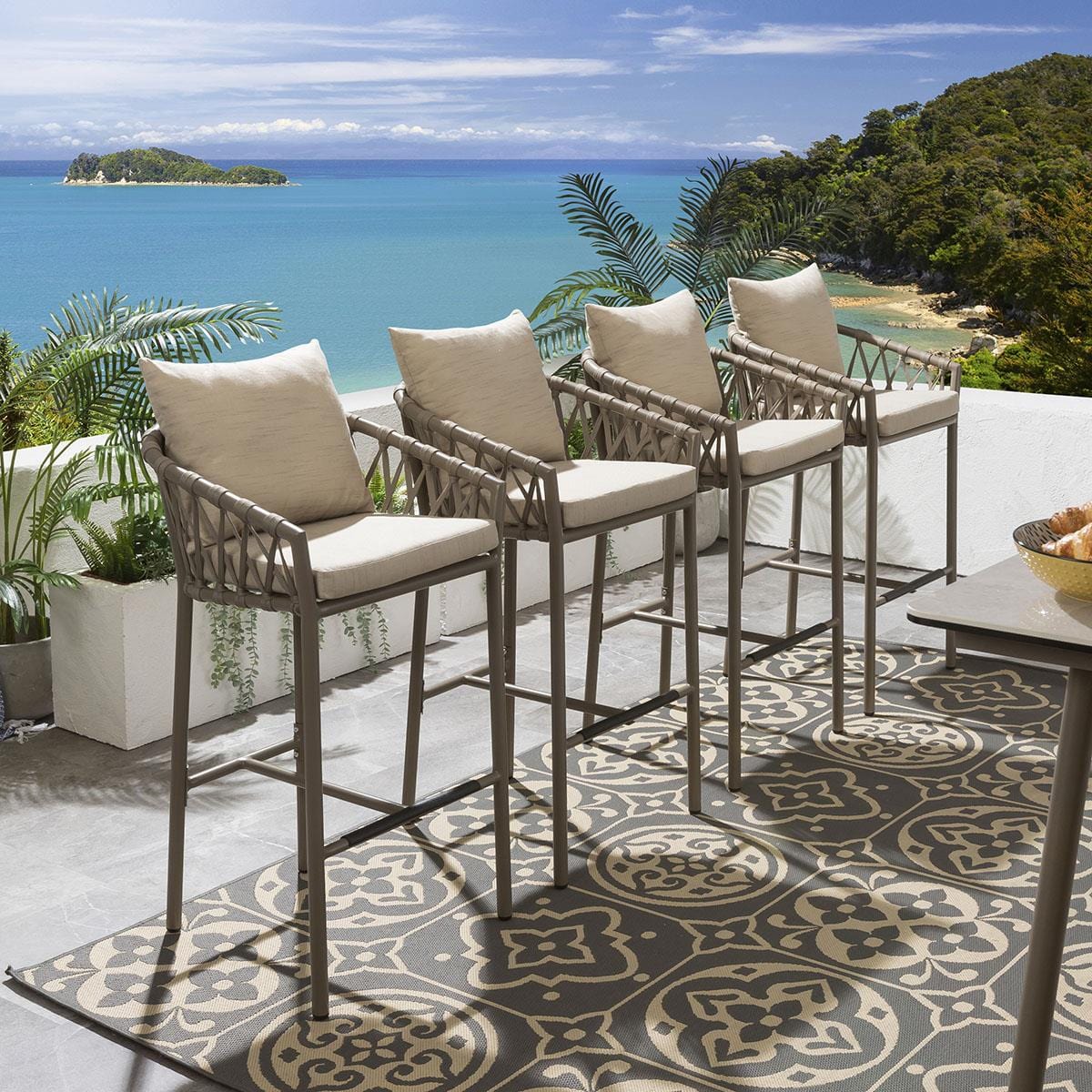 Set of 2 Outdoor Garden Bar Stools With Backs Cushioned Aluminium Beige ...
