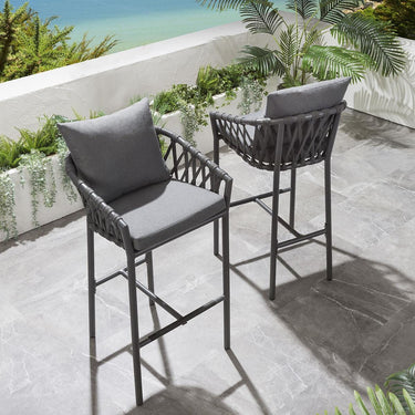 Quatropi Set of 2 Outdoor Garden Bar Stools With Backs Cushioned Aluminium Grey
