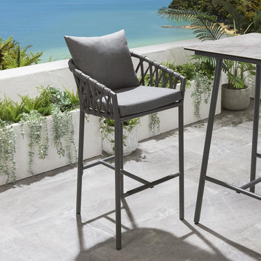 Quatropi Set of 2 Outdoor Garden Bar Stools With Backs Cushioned Aluminium Grey