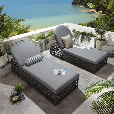 Quatropi Set of 2 Outdoor Garden Cushioned Recliner Sun Loungers Grey Rope 199cm