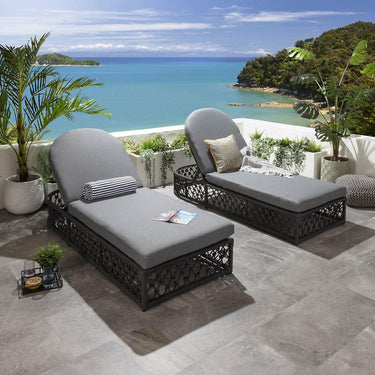 Quatropi Set of 2 Outdoor Garden Cushioned Recliner Sun Loungers Grey Rope 199cm