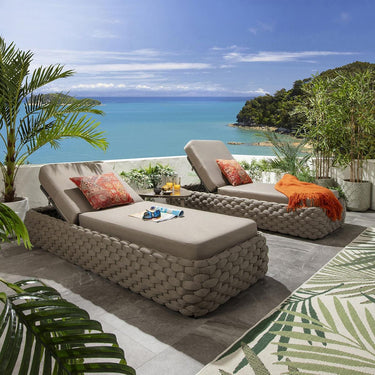 Quatropi Set of 2 Outdoor Garden Cushioned Sun Loungers Rope Weave Beige 208cm
