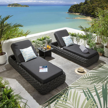 Quatropi Set of 2 Outdoor Garden Cushioned Sun Loungers Rope Weave Grey 208cm
