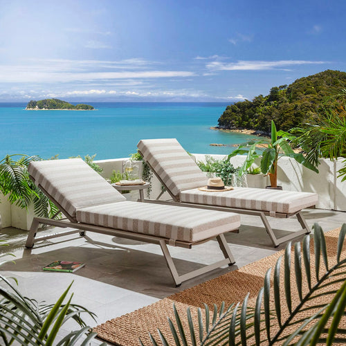 Set of 2 Cayman Outdoor Garden Cushioned Sun Loungers Beige Stripe 196x70cm