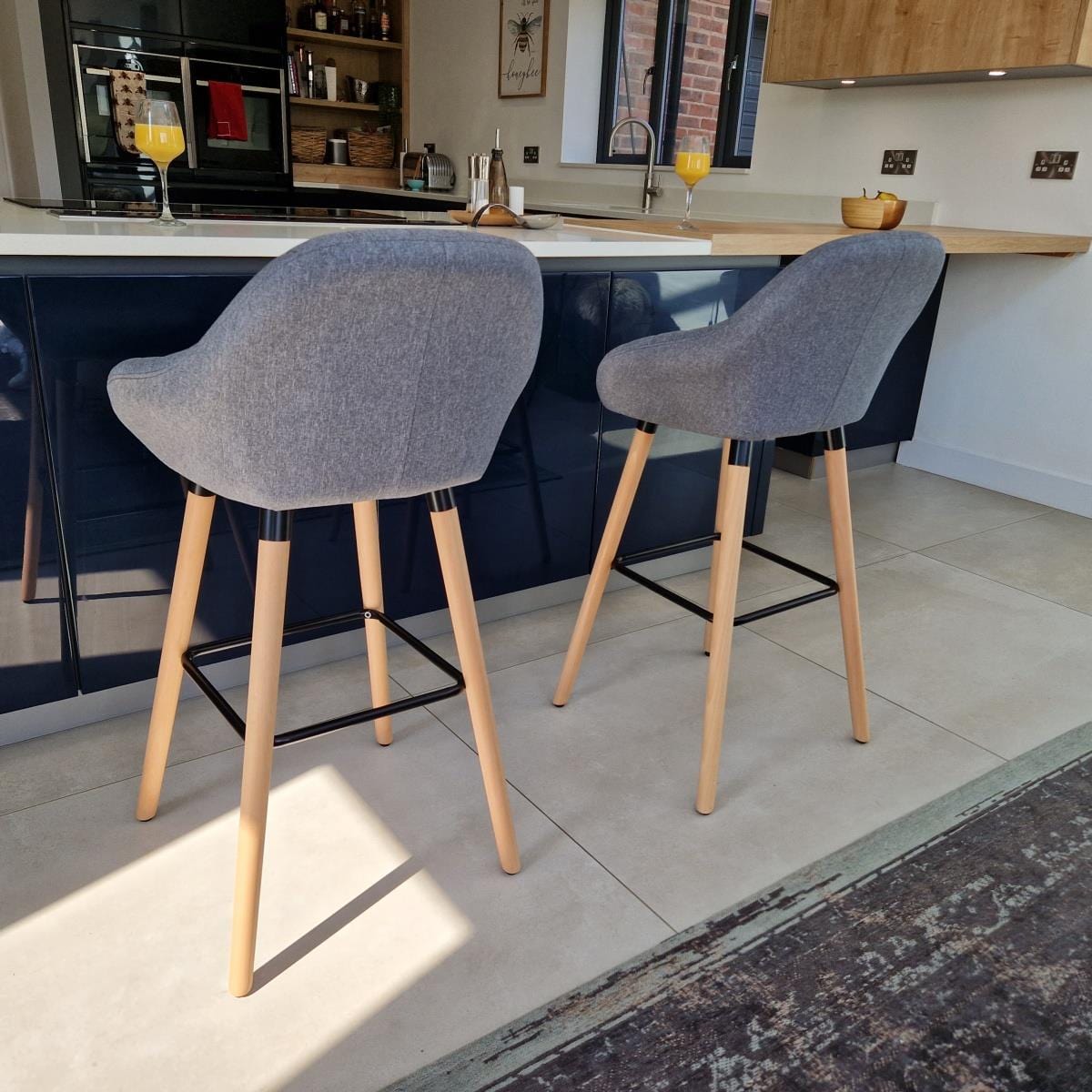 Quatropi Set of 2 Premium Bar Stools With Wooden Legs - Grey Fabric Kitchen Bar Stool