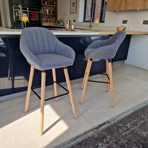 Set of 2 Premium Bar Stools With Wooden Legs - Grey Fabric Kitchen Bar Stool