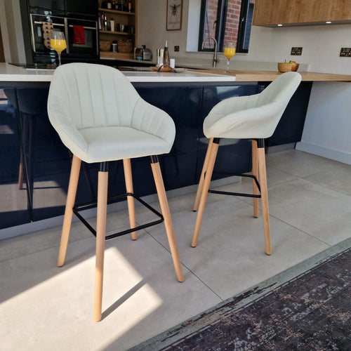 Set of 2 Premium Fabric Bar Stools With Wooden Legs - Cream Fabric Kitchen Bar Stool