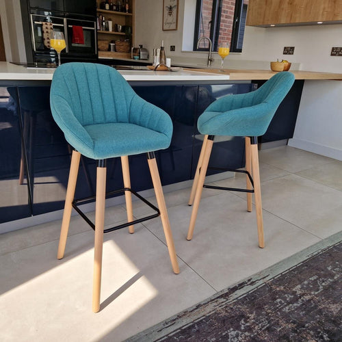 Set of 2 Premium Fabric Bar Stools With Wooden Legs - Green Fabric Kitchen Bar Stool