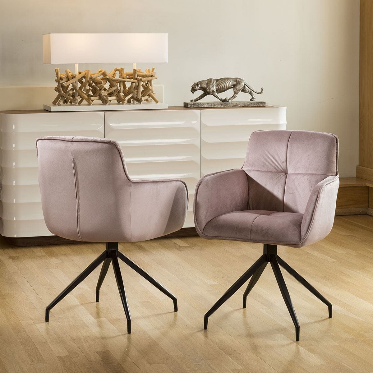 Quatropi Set of 2 Super Comfy Velvet 360 Swivel Dining Carver Chairs Dusky Pink