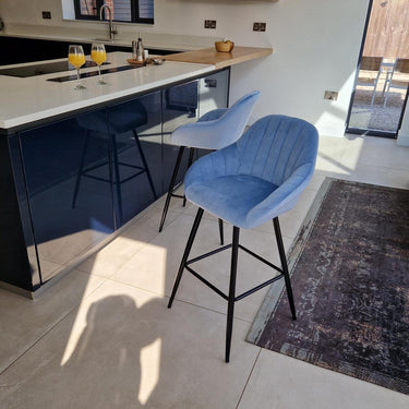 Quatropi Set of 2 Velvet Kitchen Counter Island Bar Stools with Backs Blue Fabric