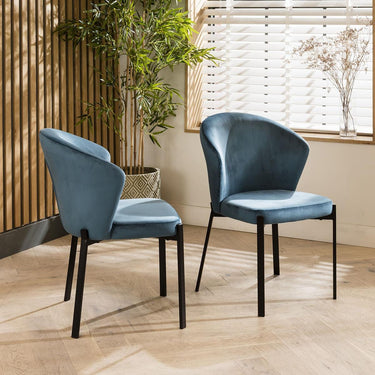 Quatropi Set of 4 Contemporary Velvet Dining Chairs Blue Fabric Black Legs