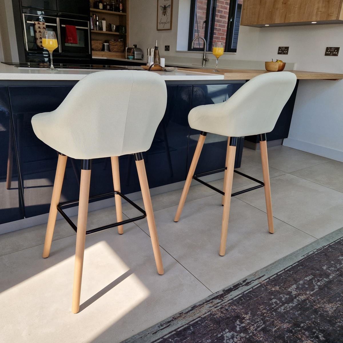 Quatropi Set of 4 Fabric Bar Stools With Wooden Legs - Exclusive Cream Kitchen Bar Stool