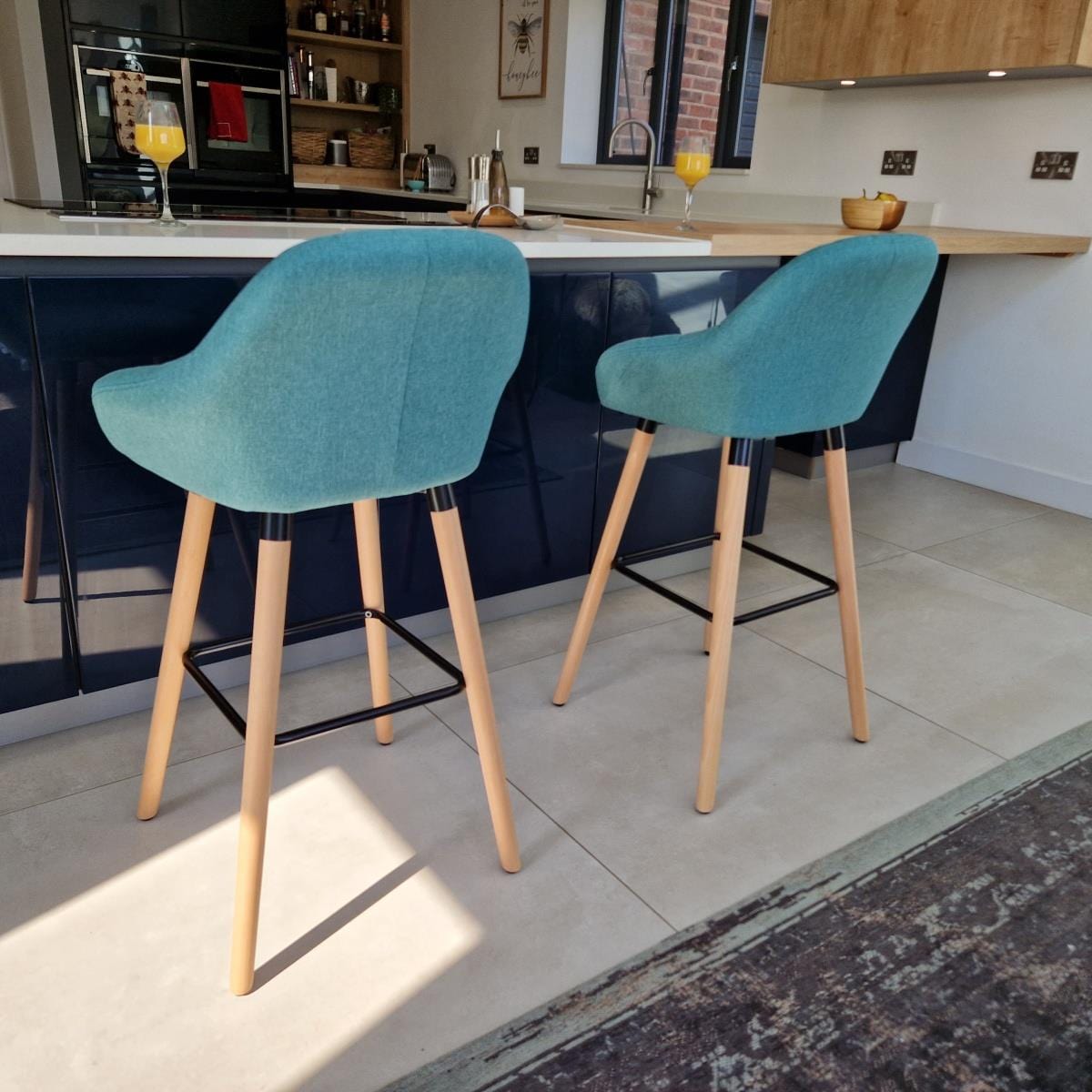 Quatropi Set of 4 Fabric Bar Stools With Wooden Legs - Luxury Green Kitchen Bar Stool