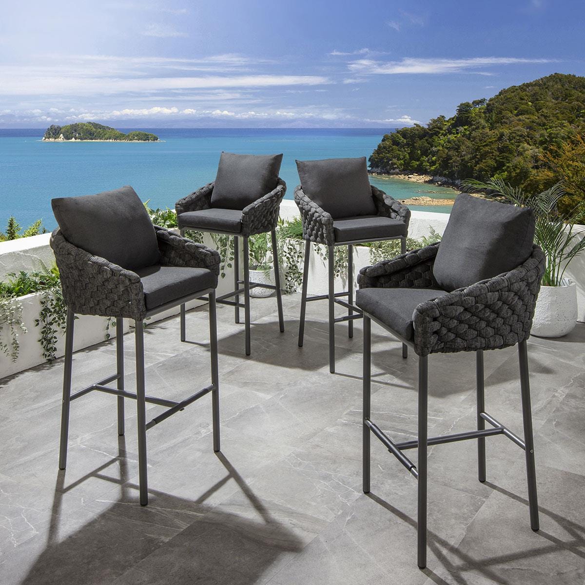 Set of 4 Luxury Garden Patio Outdoor Bar Stools Cushion Rope Grey ...