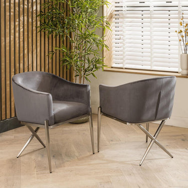 Quatropi Set of 4 Modern Carver Dining Chairs with Arms Grey Velvet Metal Legs