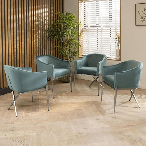 4 Zoe Velvet Carver Dining Chairs Teal & Silver