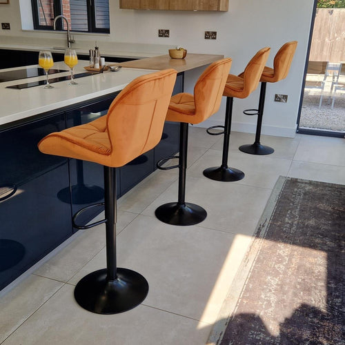 Set of 4 Modern Kitchen Bar Stools - Premium Orange Velvet - Adjustable Seat Height