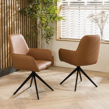 Quatropi Set of 4 Modern Swivel Carver Dining Chairs with Arms Tan Faux Leather
