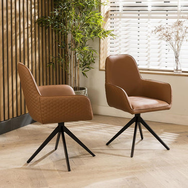 Quatropi Set of 4 Modern Swivel Carver Dining Chairs with Arms Tan Faux Leather