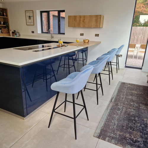 Set of 4 Modern Velvet Bar Stools - Blue Quilted Fabric Kitchen Bar Stool