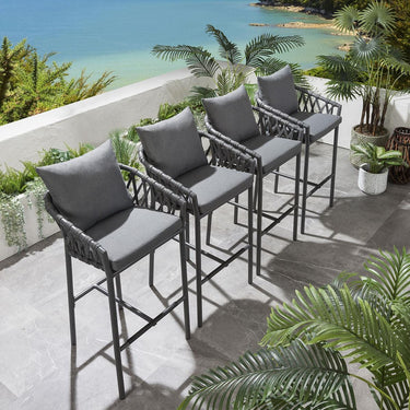Quatropi Set of 4 Outdoor Garden Bar Stools With Backs Cushioned Aluminium Grey