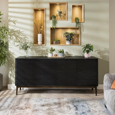Quatropi Sleek 4 Door Sideboard Storage Cabinet Black Oak Fluted Ribbed 180cm