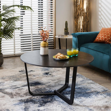 Quatropi Sleek Round Black Coffee Table Modern Marble Effect Ceramic 90cm