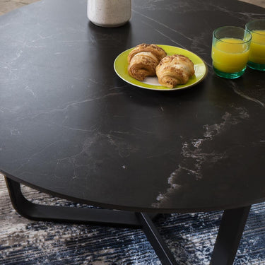 Quatropi Sleek Round Black Coffee Table Modern Marble Effect Ceramic 90cm