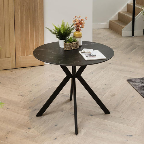 Quatropi Small 4 Seater Round Dining Table Black Ceramic Marble Modern Bistro 90cm
