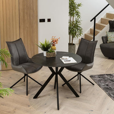 Quatropi Small 4 Seater Round Dining Table Black Ceramic Marble Modern Bistro 90cm