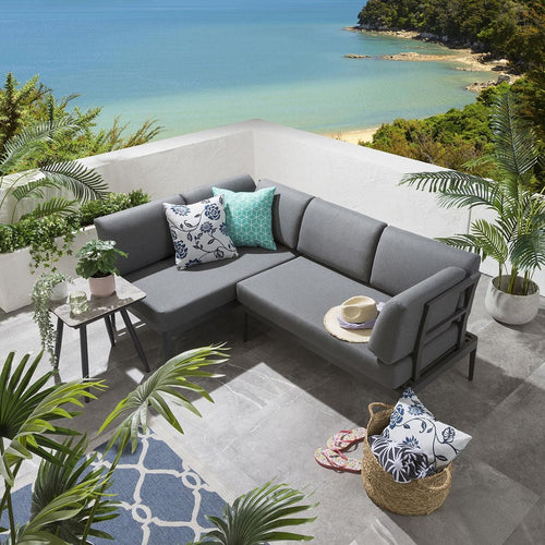 Small Garden Corner Sofa Set | 4 Seater Grey Aluminium Sofa & Side Table