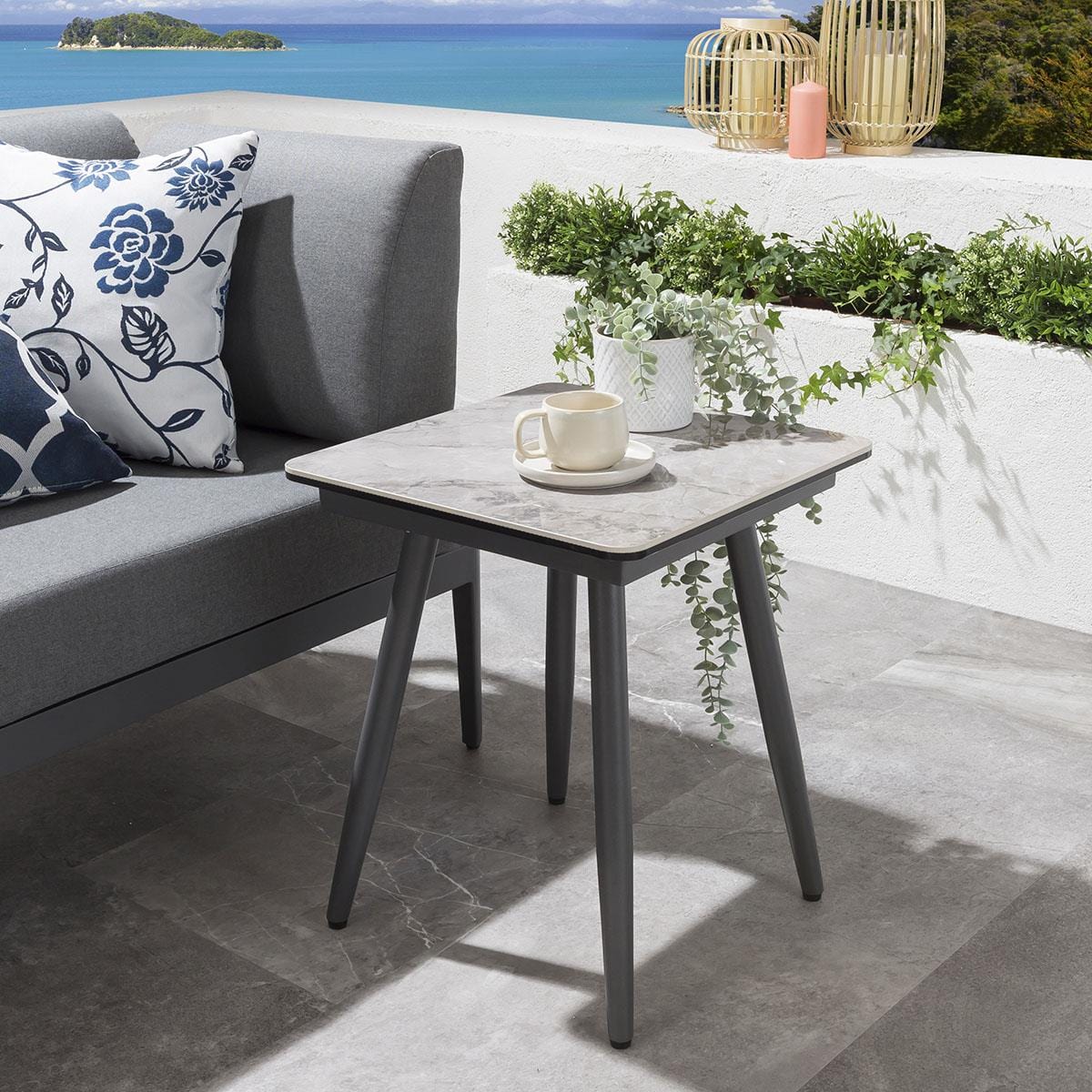 Quatropi Small Garden Corner Sofa Set | 4 Seater Grey Aluminium Sofa & Side Table