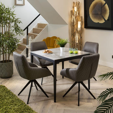 Quatropi Small Luxury 4 Seater Dining Set - Grey Ceramic Marble Table - Brown Swivel Chairs