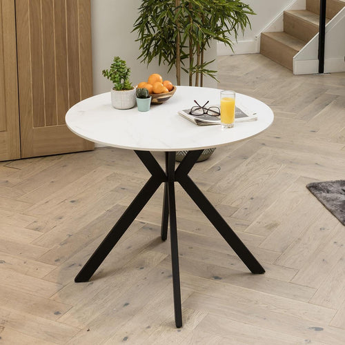 Small Round Ceramic Bistro Marble Dining Table - 4 Seater White Matte 90cm