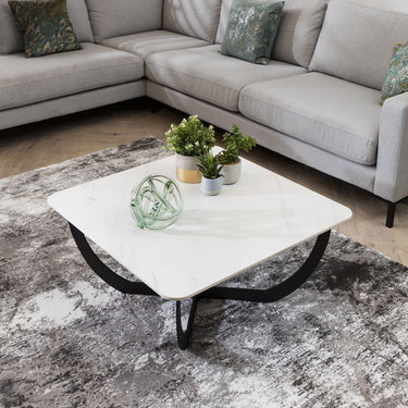 Quatropi Small Square Coffee Table Premium White Marble Effect Ceramic 80cm
