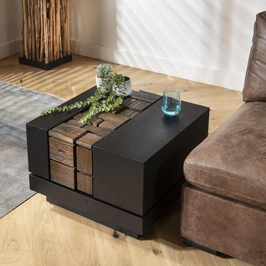 Quatropi Square Black Bedside Side Table Oak Veneer Relcaimed Wood 60x60cm
