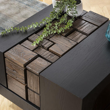Quatropi Square Black Bedside Side Table Oak Veneer Relcaimed Wood 60x60cm