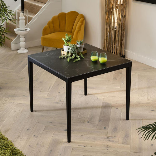 Square Compact Bistro Ceramic Marble Dining Table - 4 Seater Black Matte 90x90cm