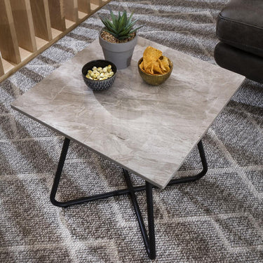 Quatropi Square Marble Effect End Side Lamp Table For Living Room Grey 44cm
