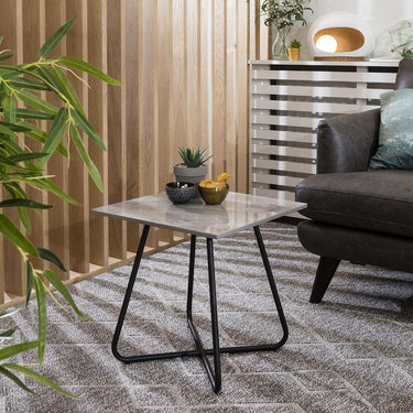 Quatropi Square Marble Effect End Side Lamp Table For Living Room Grey 44cm