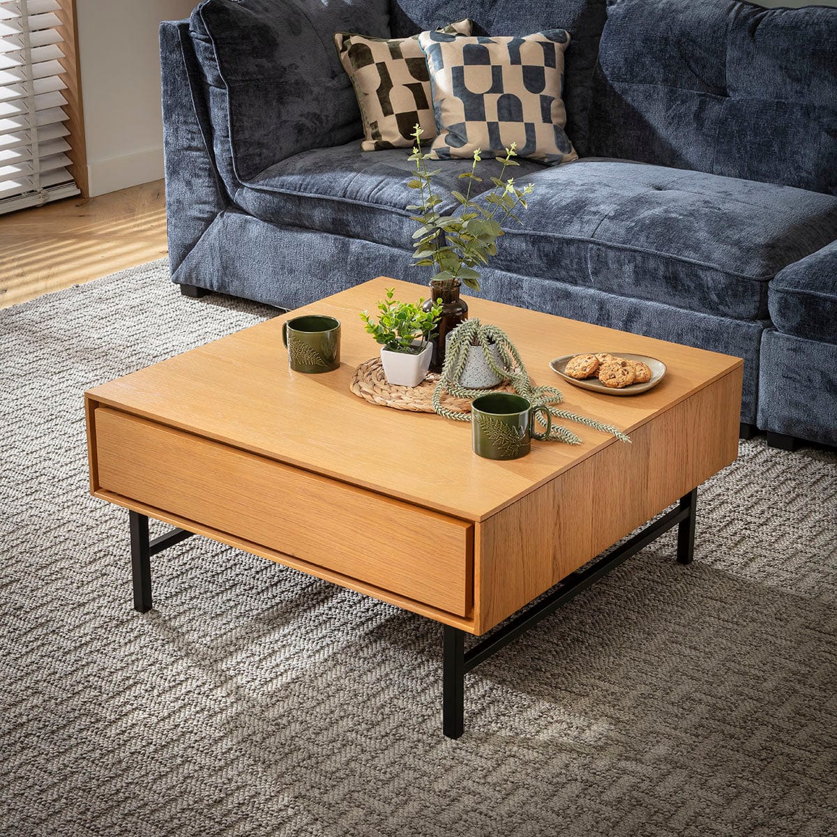 Square Wooden Coffee Table with Storage Drawer Light Oak Wood Veneer ...