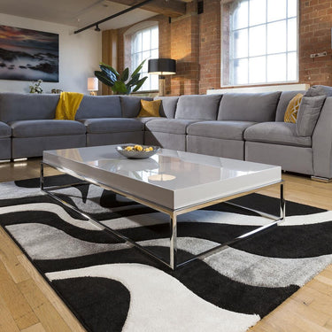 Quatropi Stainless Steel Framed 1500 x 800 Coffee Table Grey Gloss Wood Top